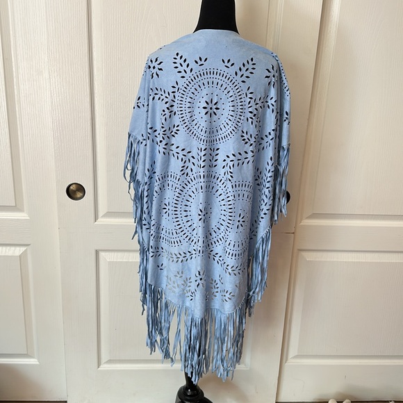 Blue Faux Suede Cutout Fringe Shawl - Picture 3 of 6